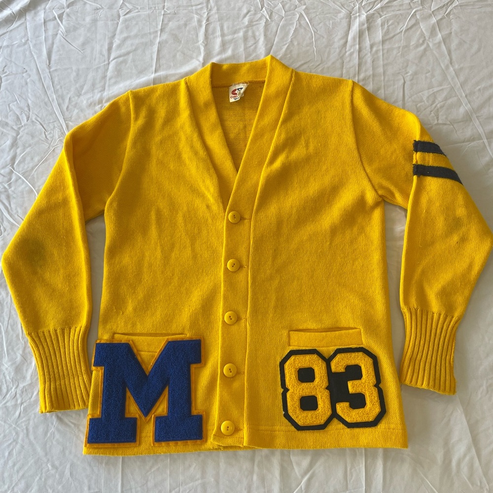 Vintage Cardigan Button Up Sweater University of Michigan 1983 Yellow/Navy Sz M